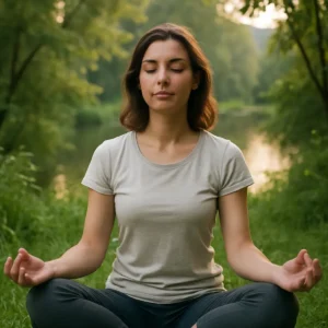 Person meditating outdoors in a tranquil setting, illustrating peaceful state post-anxiety management.