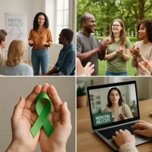 Collage of workshops, gatherings, and digital events for Mental Health Awareness Month.
