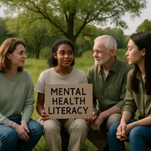 A group of diverse individuals participating in a mental health literacy campaign in an outdoor, peaceful setting.