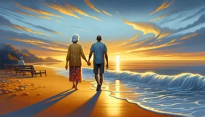 An older couple walking on a beach at sunset, symbolizing tranquility and connection.