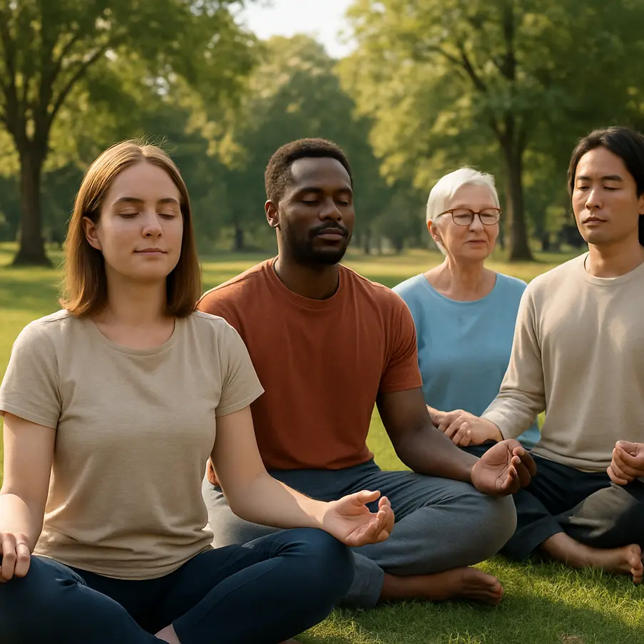 Group meditation session in a park, representing community and mindfulness benefits.