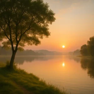 A peaceful sunrise landscape, representing the tranquillity achieved through mindfulness meditation.