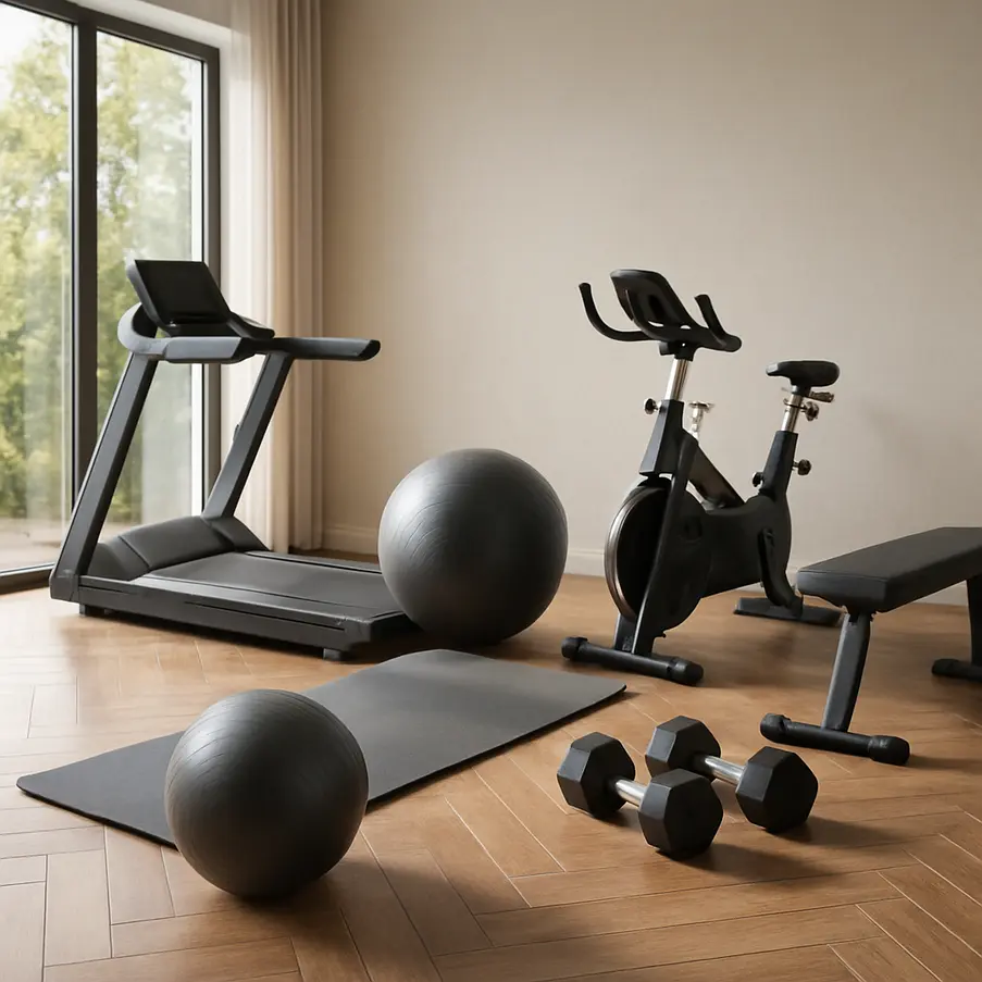A cozy, well-arranged modern home gym with varied equipment.