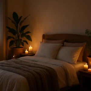 A serene bedroom featuring a cozy bed, plants, and candles, illustrating a sleep-enhancing environment with natural sleep aids.