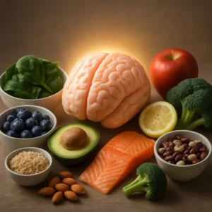A conceptual image showing a glowing brain surrounded by healthy foods, representing the impact of nutrition on mental health.