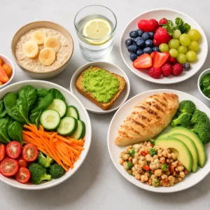 Colorful and nutritious spread of fresh foods emphasizing healthy meal planning.