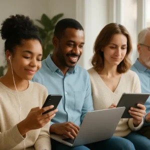 A variety of individuals using digital devices for mental health services in a harmonious setting.