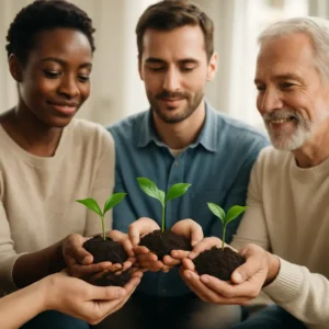 Diverse group holding seedlings, symbolizing support in overcoming limiting beliefs.