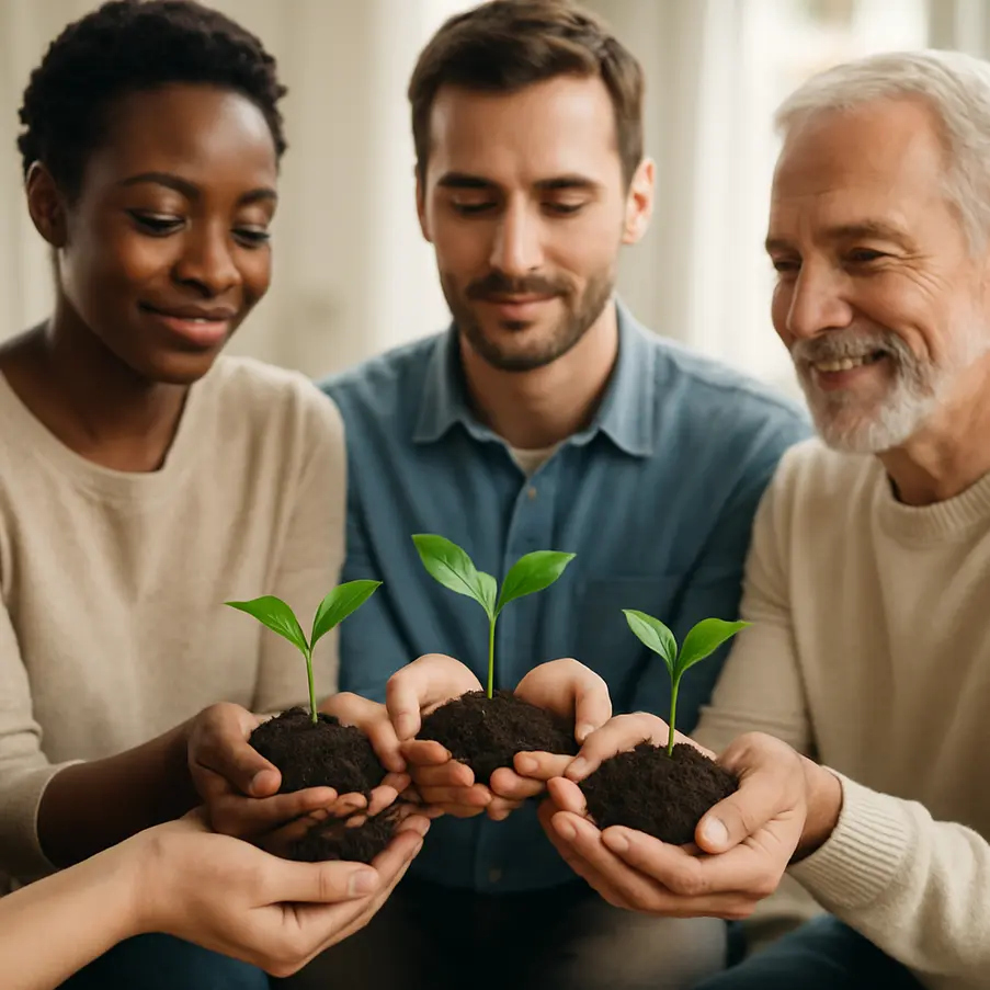 Diverse group holding seedlings, symbolizing support in overcoming limiting beliefs.