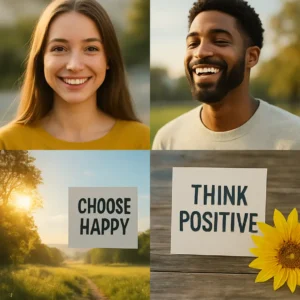 A collage showcasing smiling people, nature scenes, and quotes, symbolizing positivity in daily life.