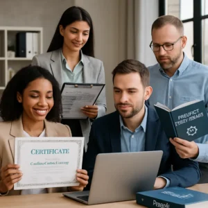 A group of professionals working with project management materials.