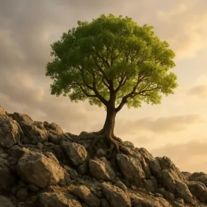 A tree thriving in rocky terrain, symbolizing growth through resilience.