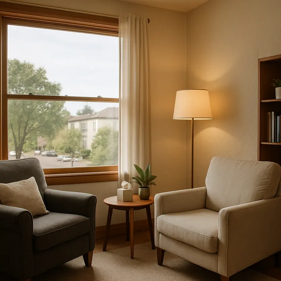 A cozy therapy office space reflecting accessible mental health services.