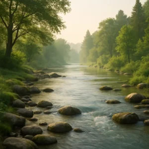 A peaceful scene of a river flowing through lush greenery, symbolizing tranquility from stress reduction.