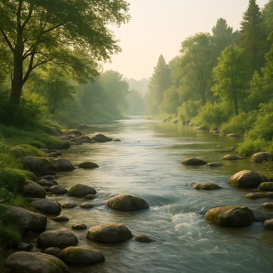 A peaceful scene of a river flowing through lush greenery, symbolizing tranquility from stress reduction.