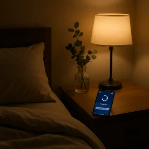 Cozy bedroom with a smartphone using a sleep tracking app.