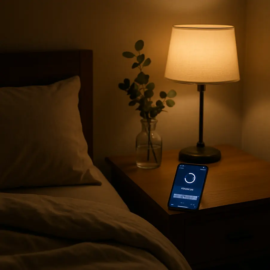 Cozy bedroom with a smartphone using a sleep tracking app.