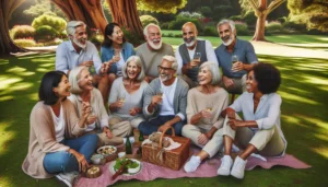 A group of mature friends enjoying a day in the park, symbolizing mental wellness.