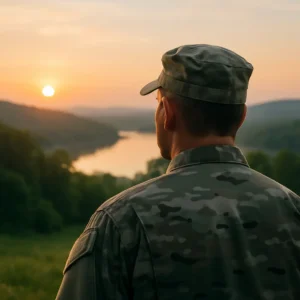 A serene scene of a veteran looking over a peaceful landscape.
