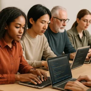 A group of people in a web development workshop, learning with laptops and code displays.