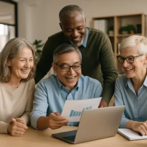 Diverse older workforce collaborating in an office.