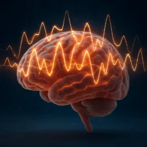 Artistic brain with glowing beta wave patterns showing active thinking.