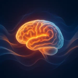 An abstract image of a human brain with colorful waves demonstrating theta activity. The Power of Theta Waves