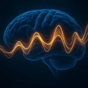 Illustration showing digital brain model with gamma waves.