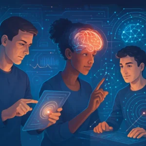 People interacting with digital interfaces for cognitive and mindset enhancement.